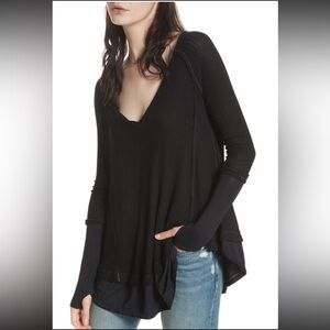 WE THE FREE PEOPLE Laguna Thermal Waffle Knit Oversized Thumbhole Top Sz S Black